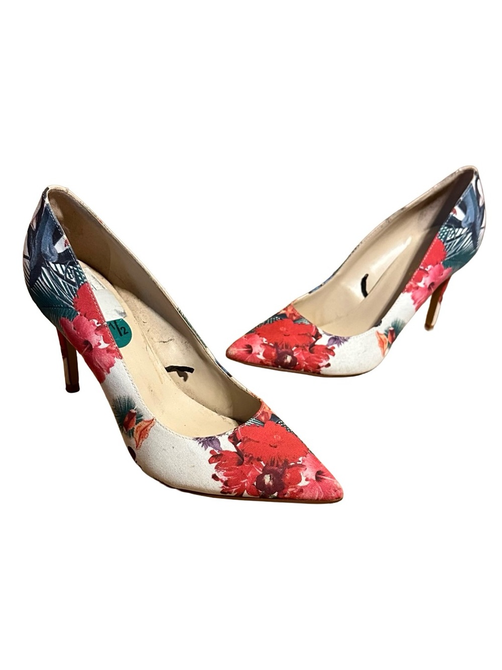 MARC FISHER "DARREN5-R" CORAL, GREEN & WHITE FABRIC LEAF PRINT PUMPS (7.5)